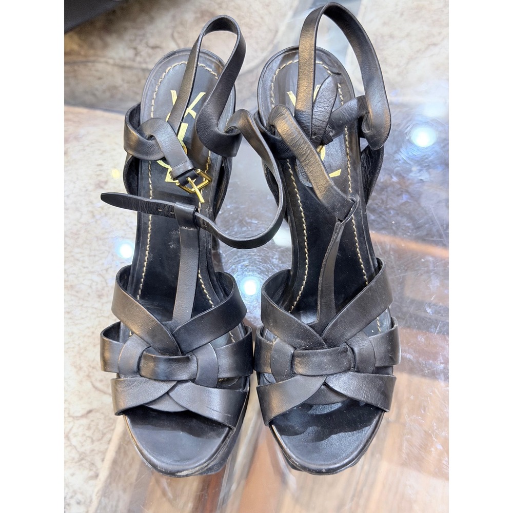 Saint Laurent Tribute Black‎ Leather Platform Sandals Heels 37.5 Italy YSL